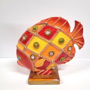 Bejeweled Tropical Fish Gold Enamel Painted Resin Jewel Accents Nautical 12''